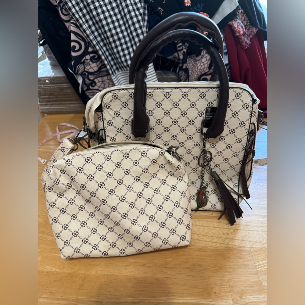 Cream Patterned Satchel with Matching Pouch and Dark Brown Accents